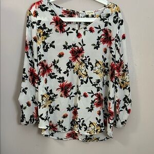 Floral Long-Sleeve Blouse - White with Red & Yellow Flowers